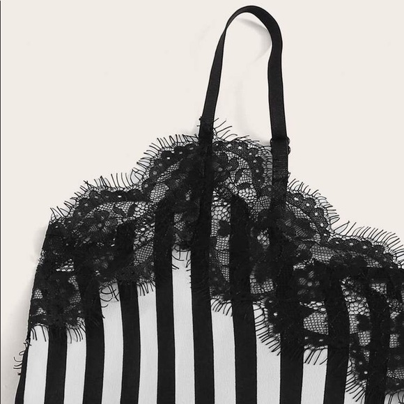 New Striped Satin Silk-Like Lace Pajama Set - Picture 3 of 5